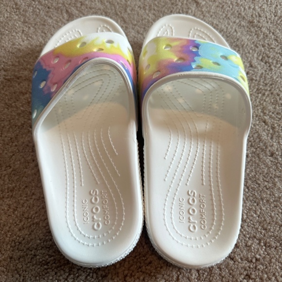 Crocs Classic Iconic Pastel Tie-Dye Pink Yellow Blue Slide Sandals 6 - Picture 3 of 4